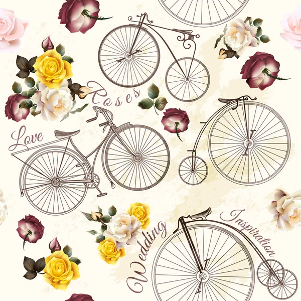 Linda invitación vectorial con bicicleta falsa y flores — Vector de stock