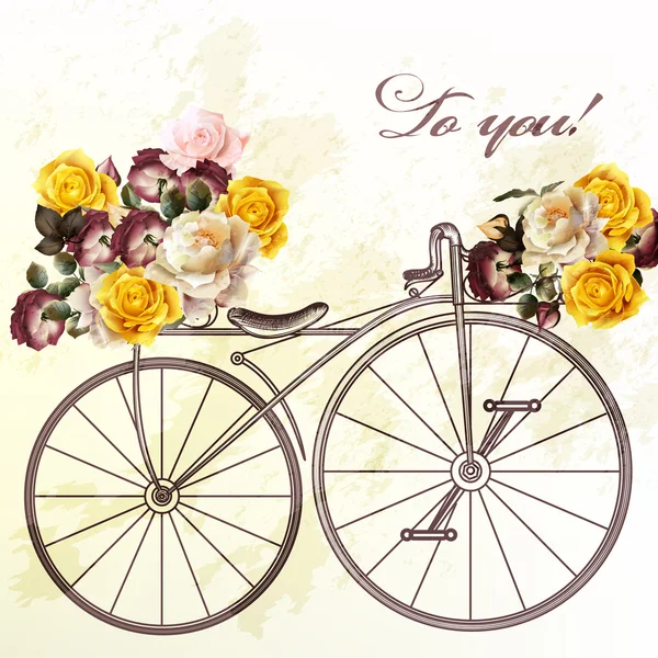 Linda invitación vectorial con bicicleta falsa y flores — Vector de stock