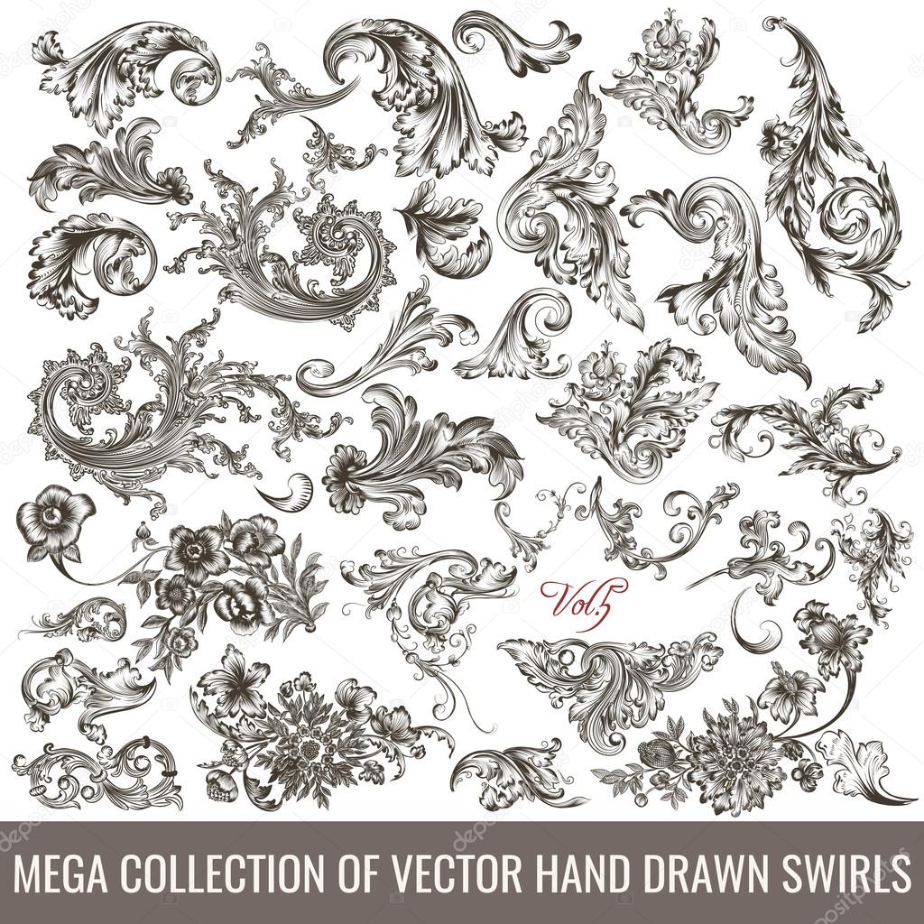 Collection of vector hand drawn flourishes in engraved style. Me