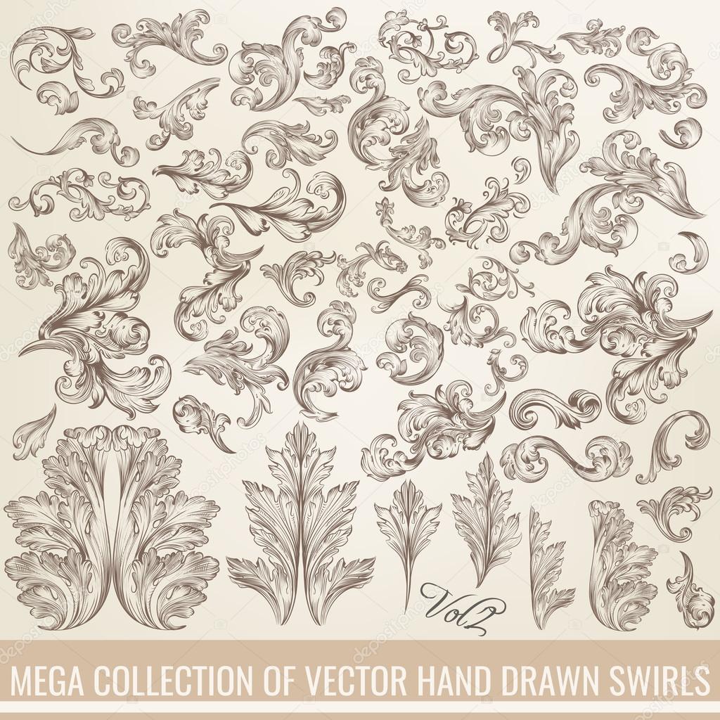 Collection of vector hand drawn flourishes in engraved style. Me