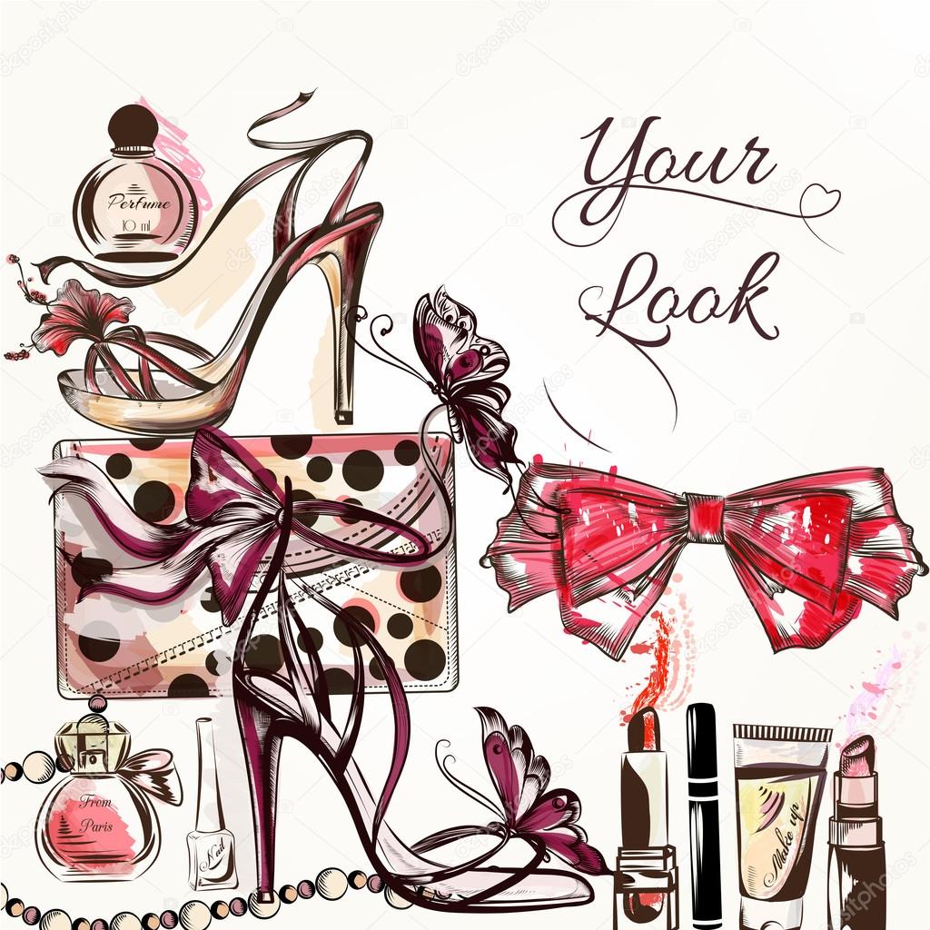 Beauty and fashion vector watercolor background with cosmetics m
