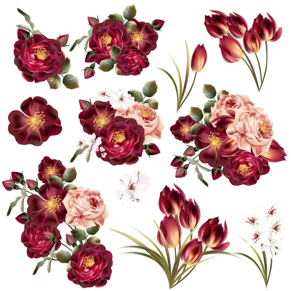 現実的なパステル調の花のコレクション — ストックベクタ