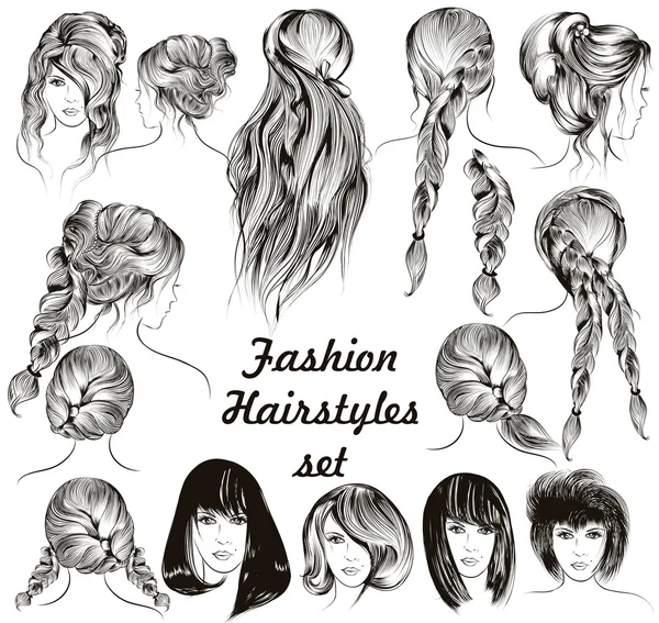 Ilustração da moda diferentes penteados femininos definido em gravado —  Vetores de Stock