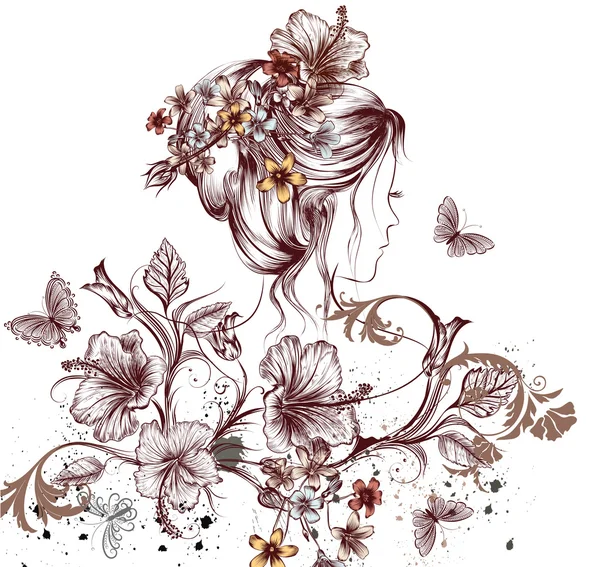 सुंदर युवा परी महिला तितली और हिबिस्कस फूल sy — स्टॉक वेक्टर