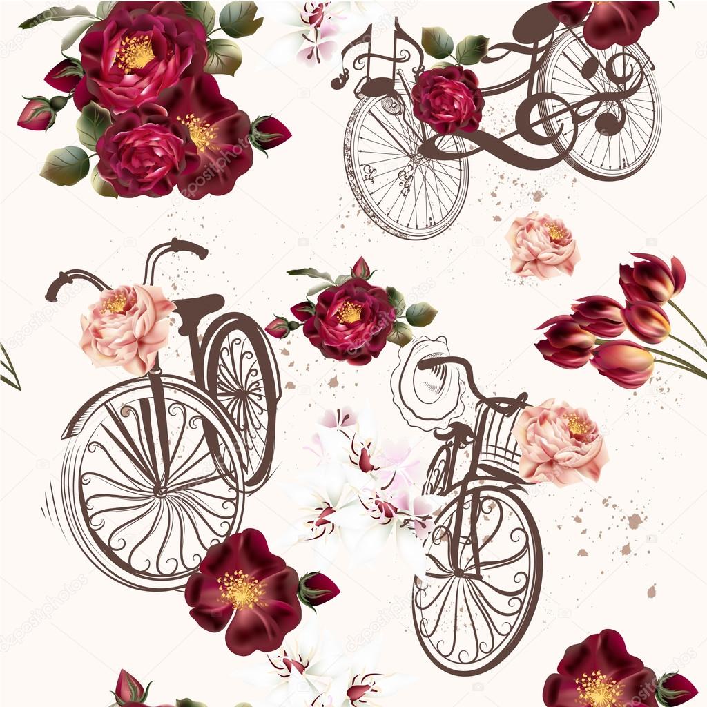 Cute vector invitation with fake bicycle and flowers