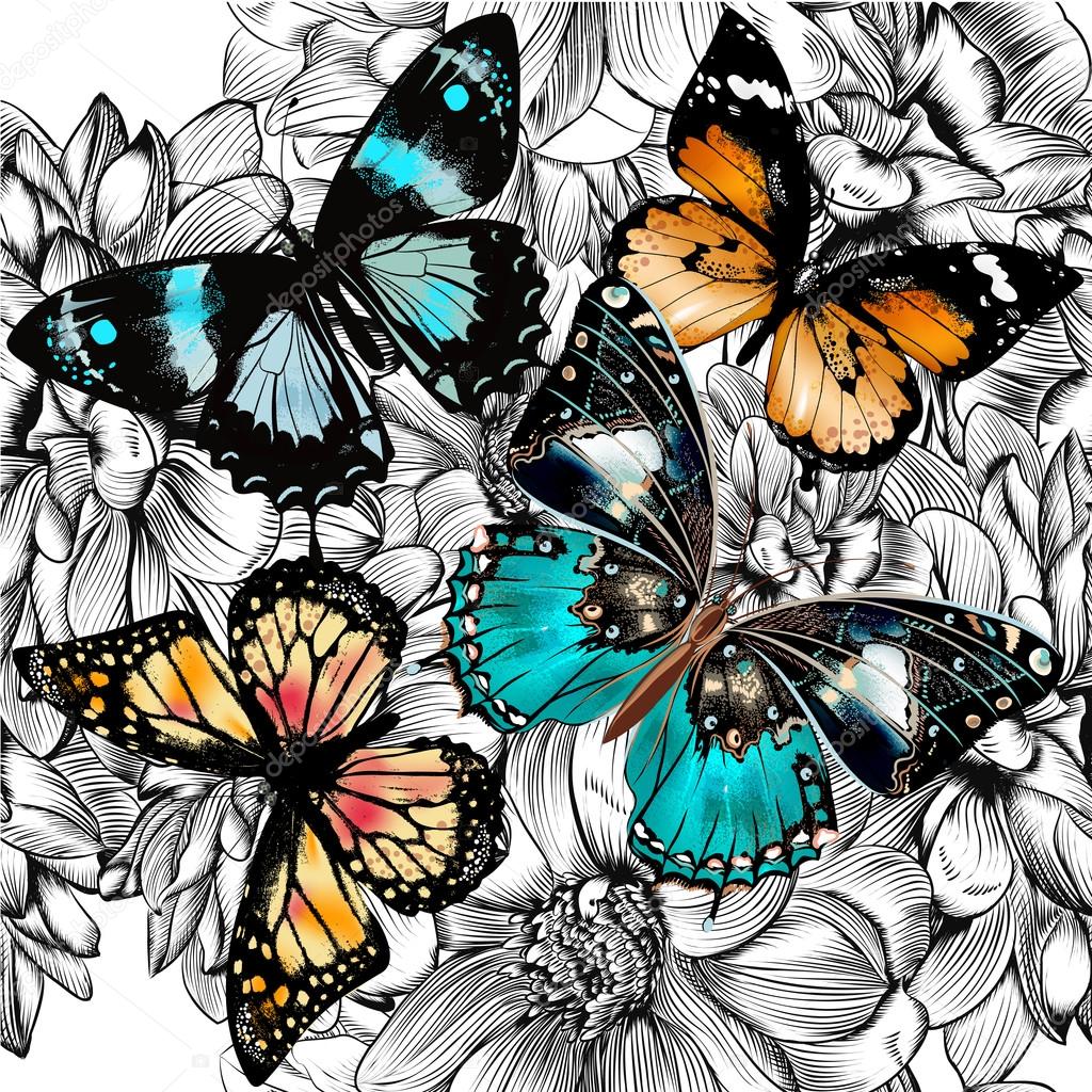 Vector seamless wallpaper pattern with vintage butterflies and f