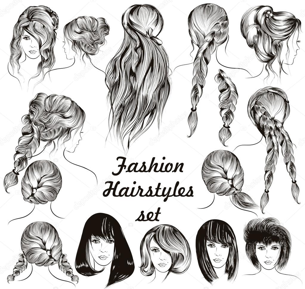Fashion illustration different female hairstyles set in 