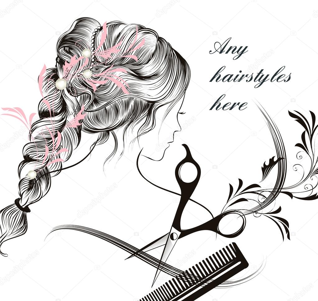 beautiful young longhaired  girl  comb and scissors symbol of ha