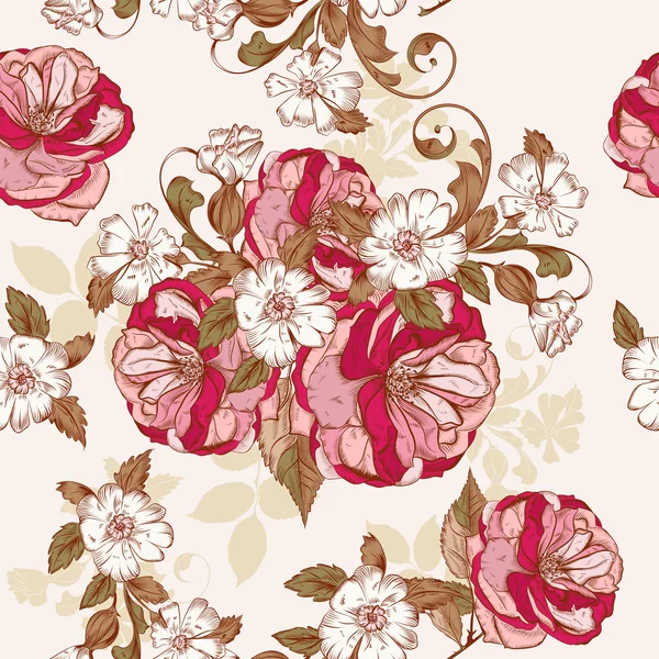 Hermoso vector de fondo con rosas de la mano flores en grabado — Archivo Imágenes Vectoriales