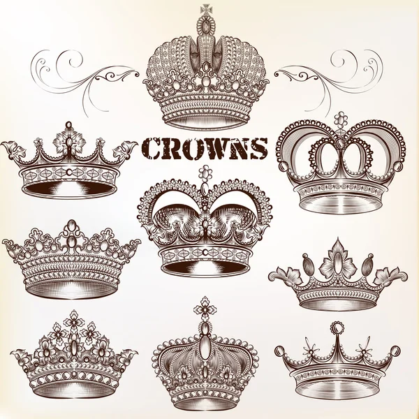 Vector set of hand drawn detailed crowns for design — Stock Vector