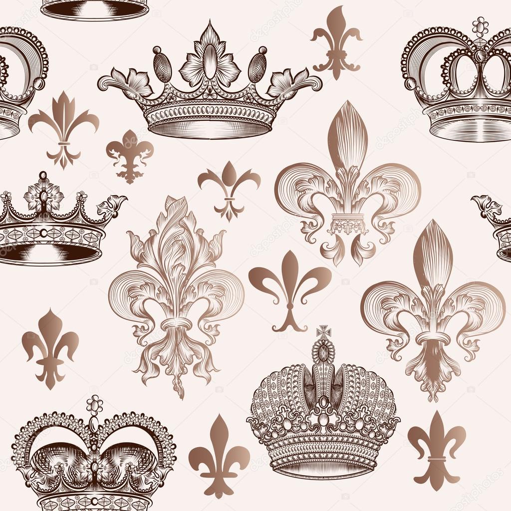 Vintage seamless pattern with crowns and fleur de lis for design