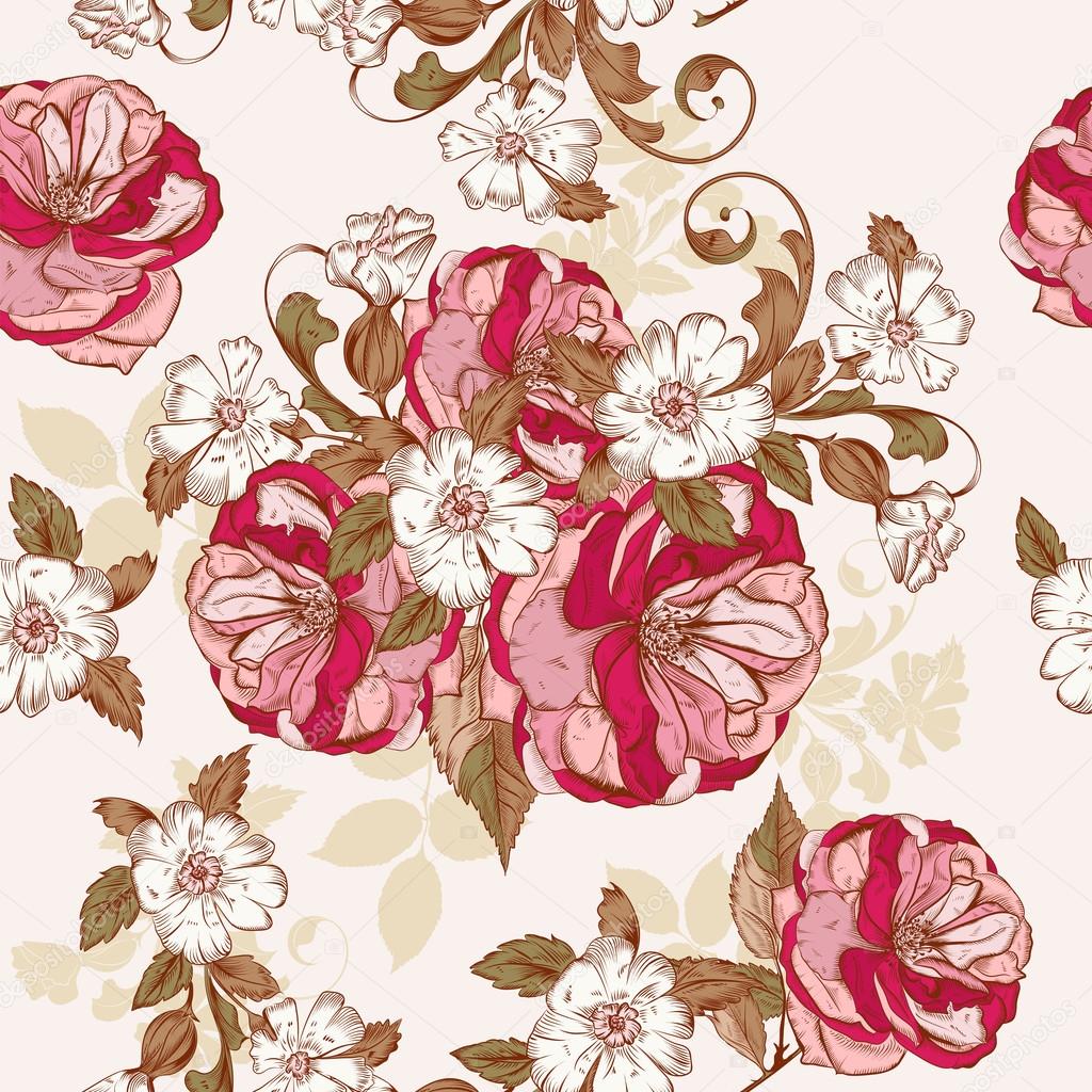 Beautiful vector background with hand roses flowers in engraved 