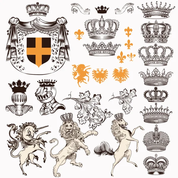 Collection or set of vintage styled heraldic elements horses unicorn lion shields crowns and other — Stock Vector