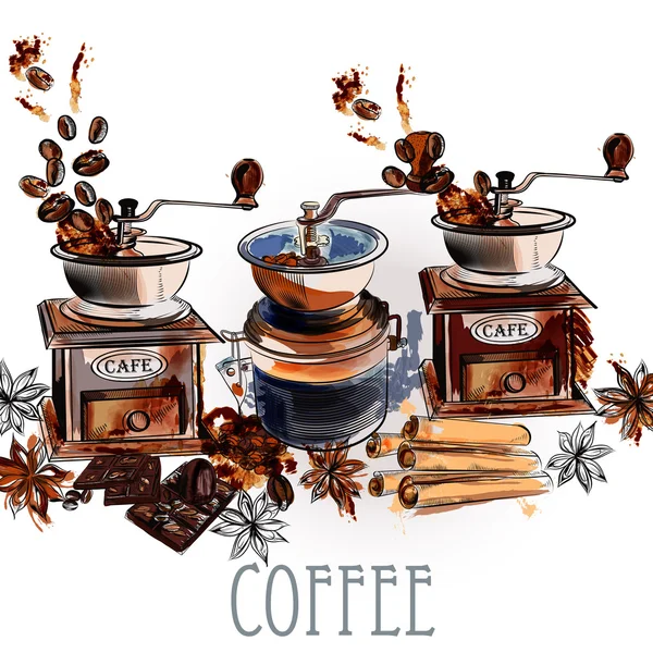 Kaffee Vektor Hintergrund mit Kaffeemühle Anis Sterne und Roa — Stockvektor