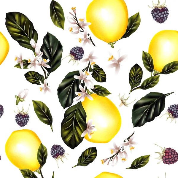 Motif sans couture avec des feuilles de citrons et des fleurs — Image vectorielle