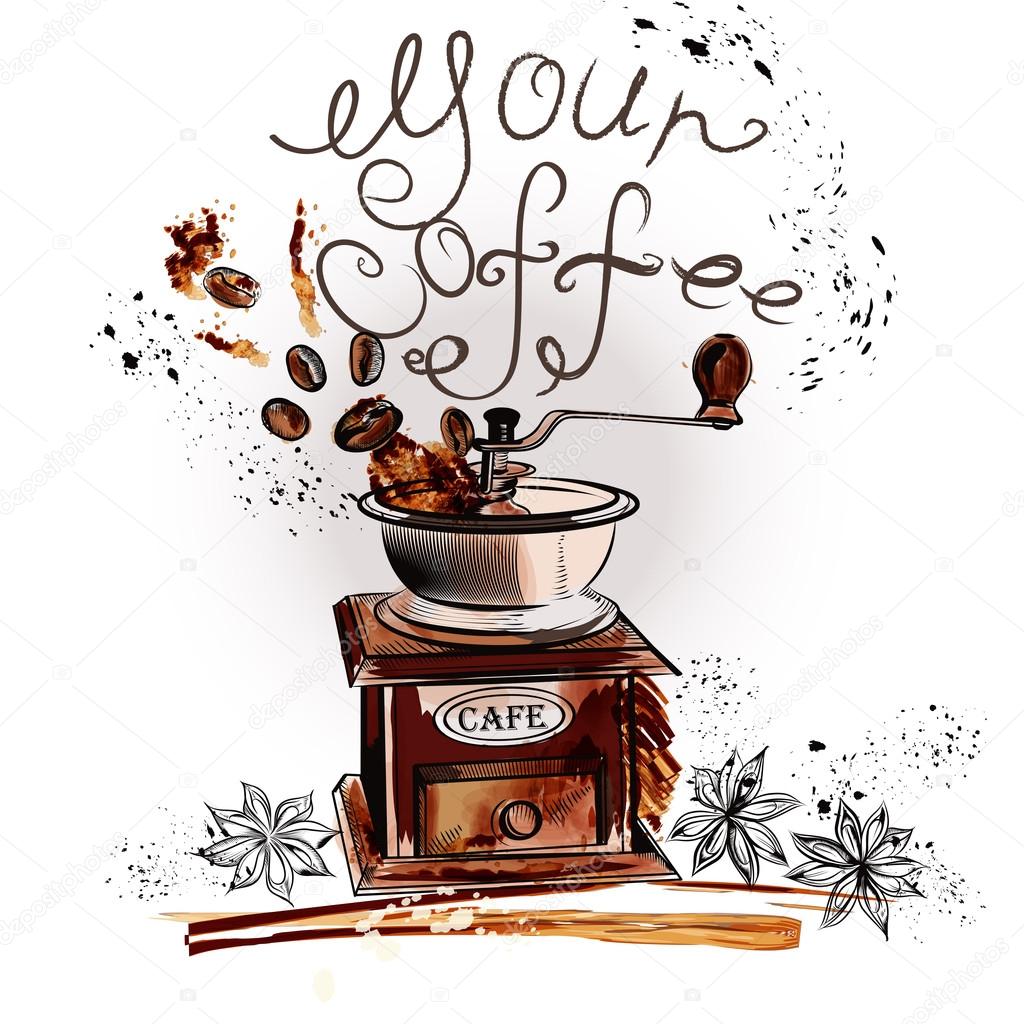 Coffee background with watercolor spots coffee mill fried beans 