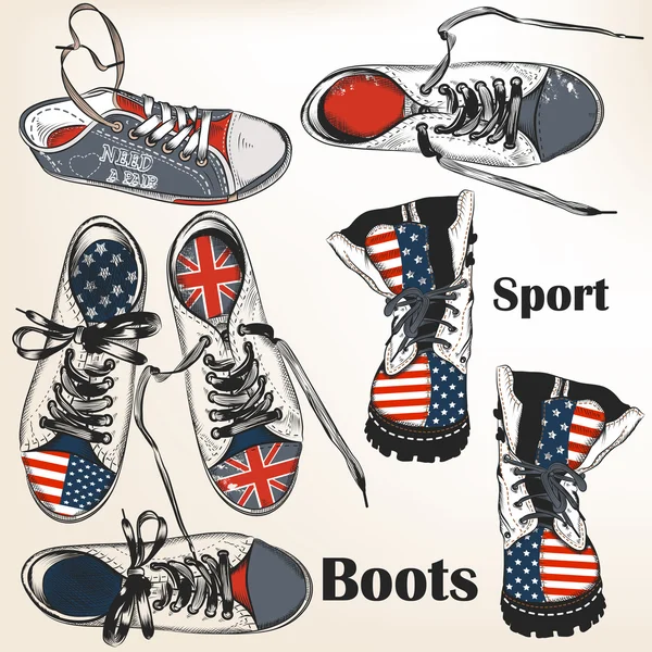 Conjunto vetorial de botas esportivas desenhadas à mão com bandeiras americanas e britânicas — Vetor de Stock