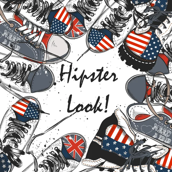 Arrière-plan avec des bottes de sport dessinées à la main vectorielles avec USA et Briti — Image vectorielle