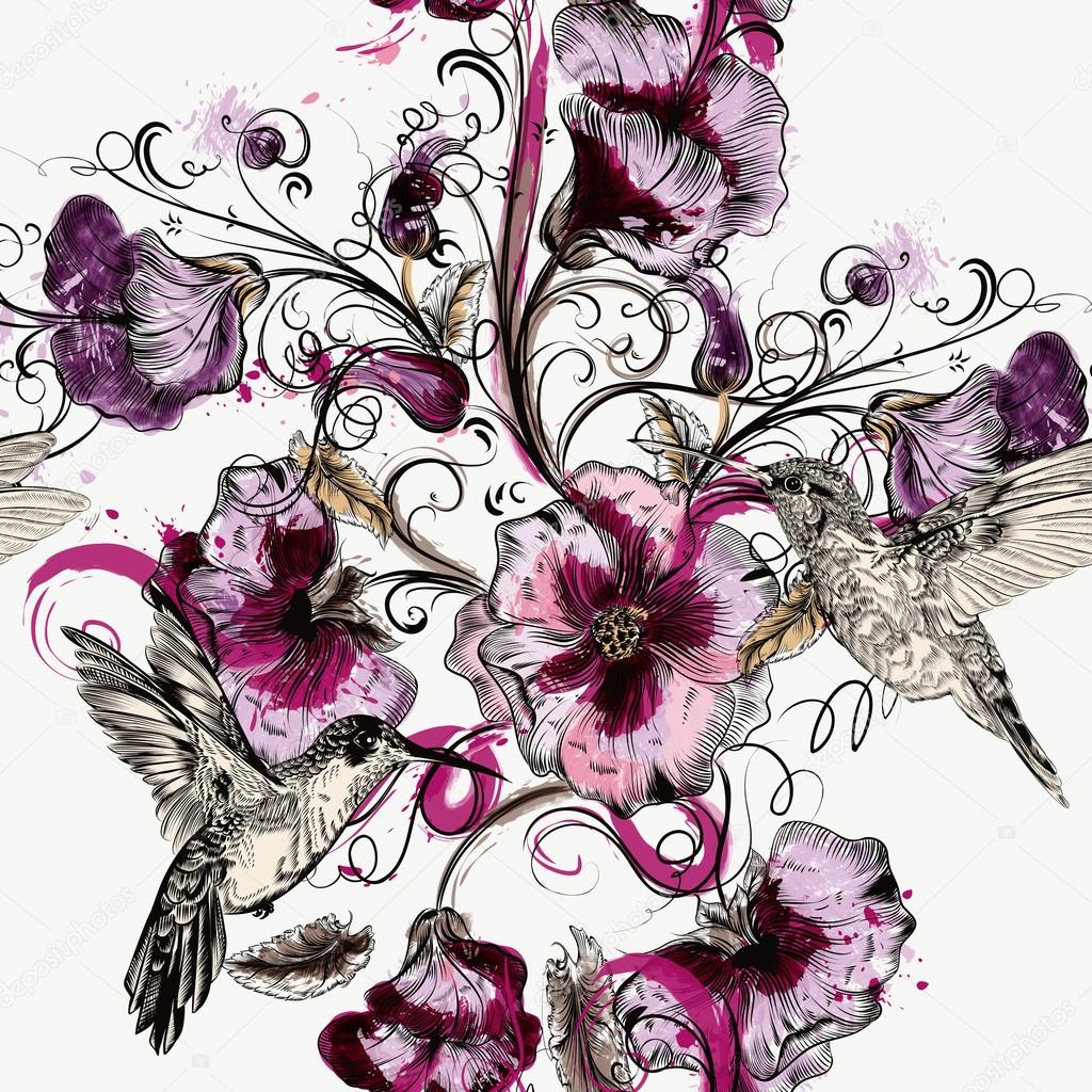 seamless background with flowers and hummingbirds in watercolor 