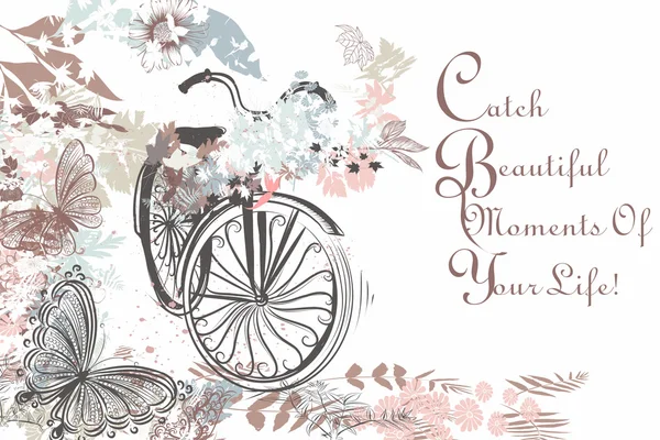 Kelebek ve çiçek rustik güzel el çekilmiş Bisiklet — Stok Vektör