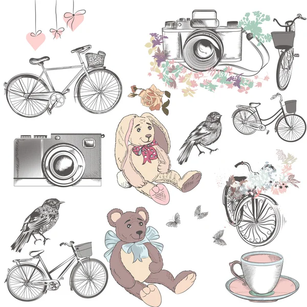Cute collection d'objets vectoriels dessinés à la main bicyclettes appareil photo jouet — Image vectorielle