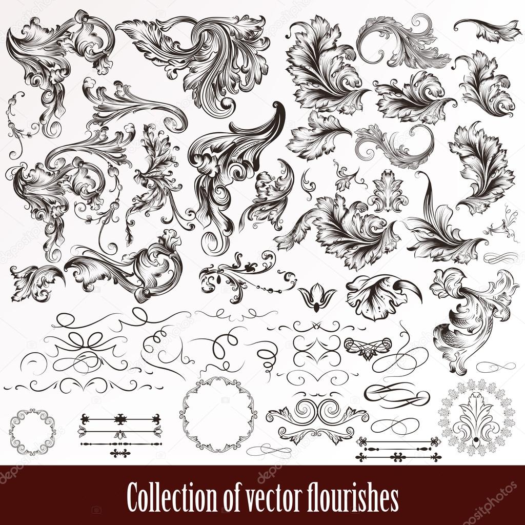 Collection of vector hand drawn flourishes in engraved style. Me