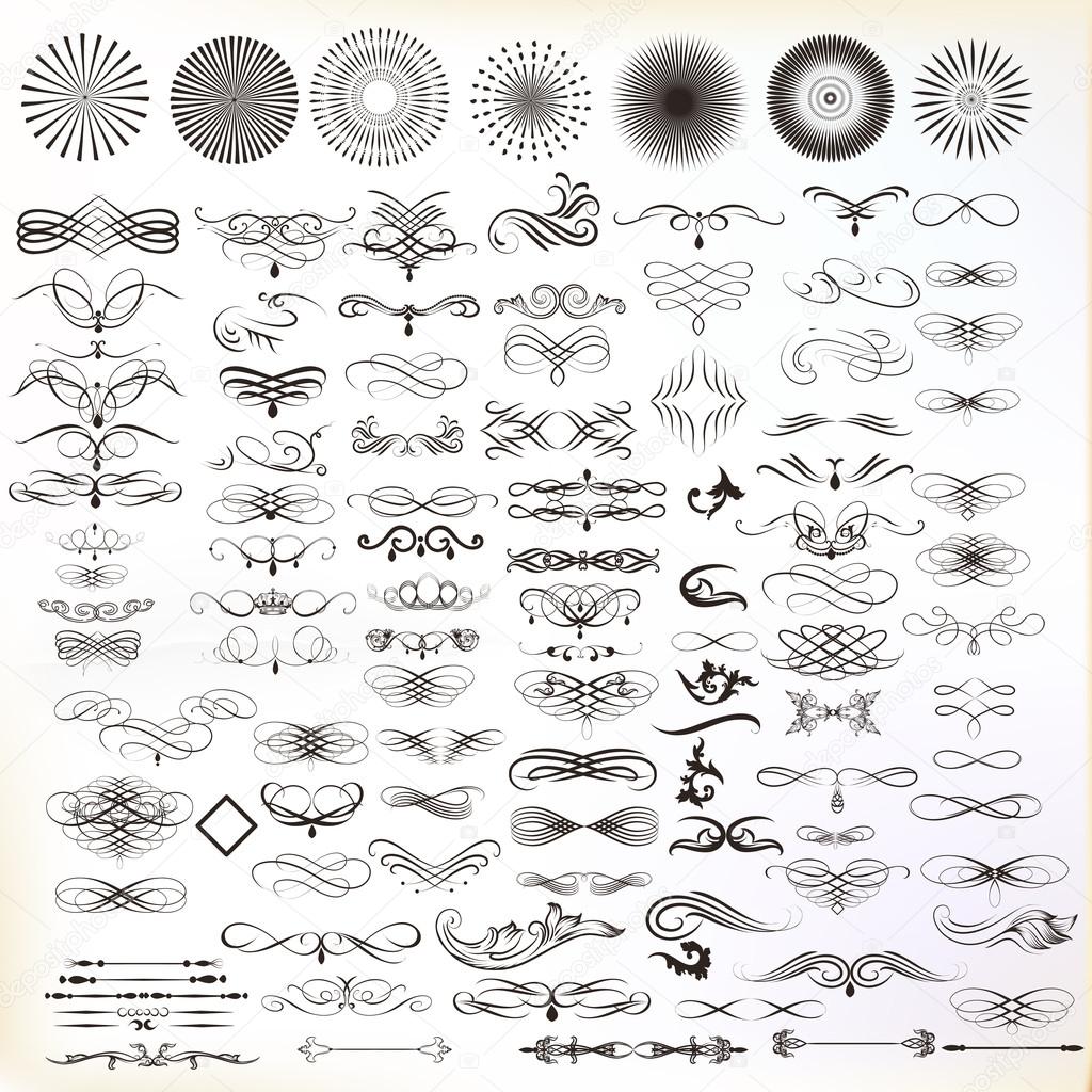 Collection of vector hand drawn flourishes in engraved style. Me