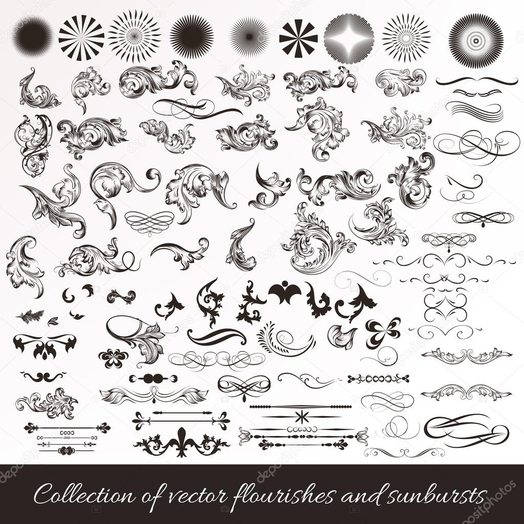 Collection of vector hand drawn flourishes in engraved style. Me