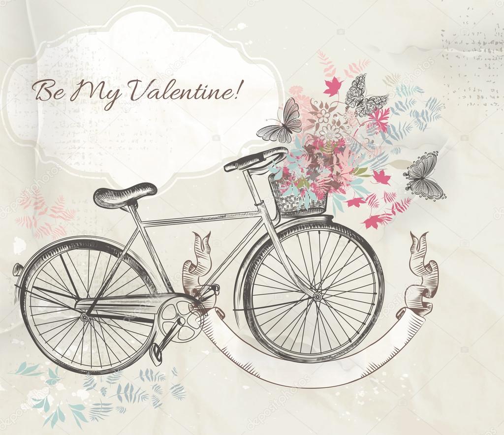 Vector illustration with hand drawn bicycle and flowers