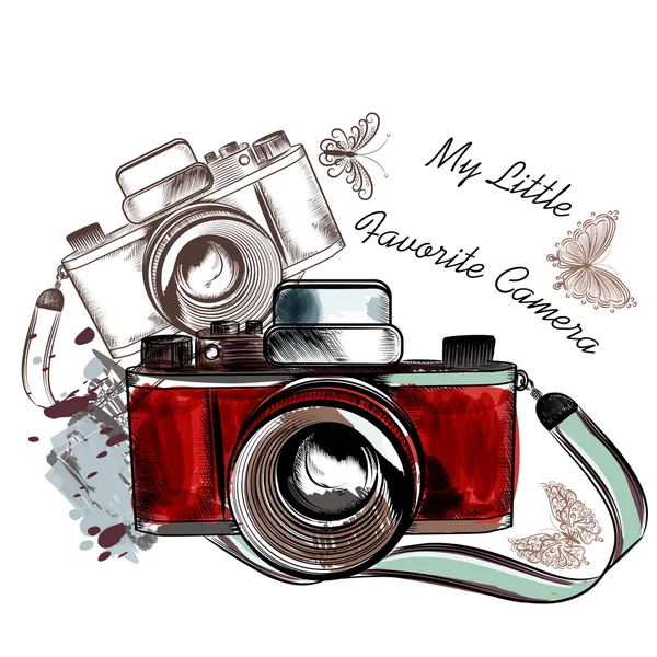 Cute hand drawn vintage camera vector illustration — Stock Vector