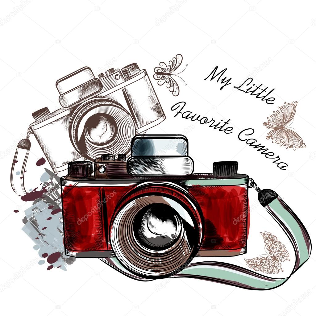 Cute hand drawn vintage camera vector illustration