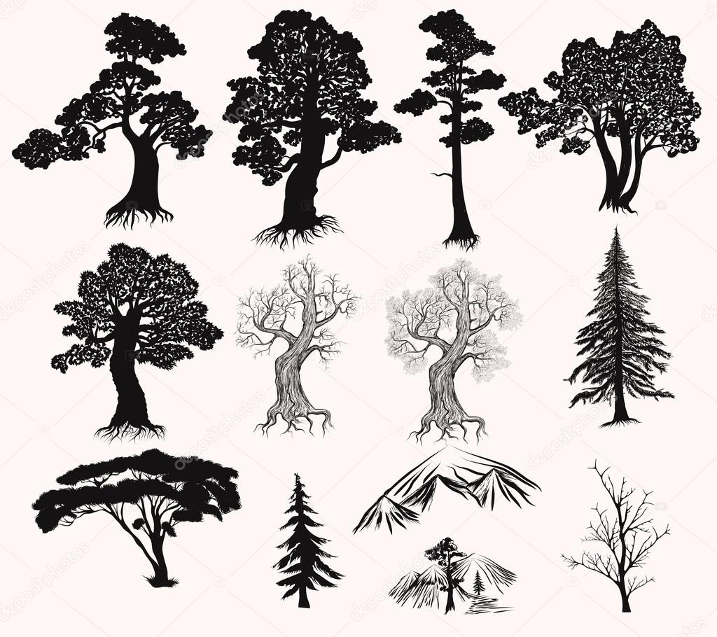 Vector set of hand drawn trees silhouettes for design