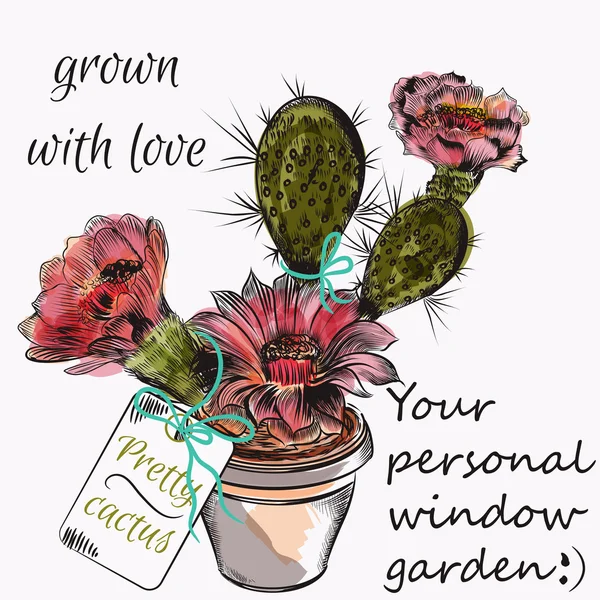 Vrij vector kaart met de hand getekende cactus geteeld met liefde — Stockvector