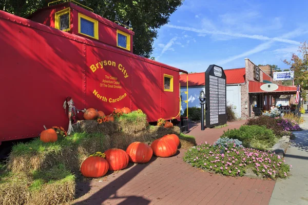 Fall Pumpkin Decorations Front Train Small Town Bryson City — Stock Photo, Image