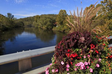 Köprüde Bryson City, North Carolina, raylar üzerinde güzel çiçekler ile yaz aylarında Tuckasegee Nehri.
