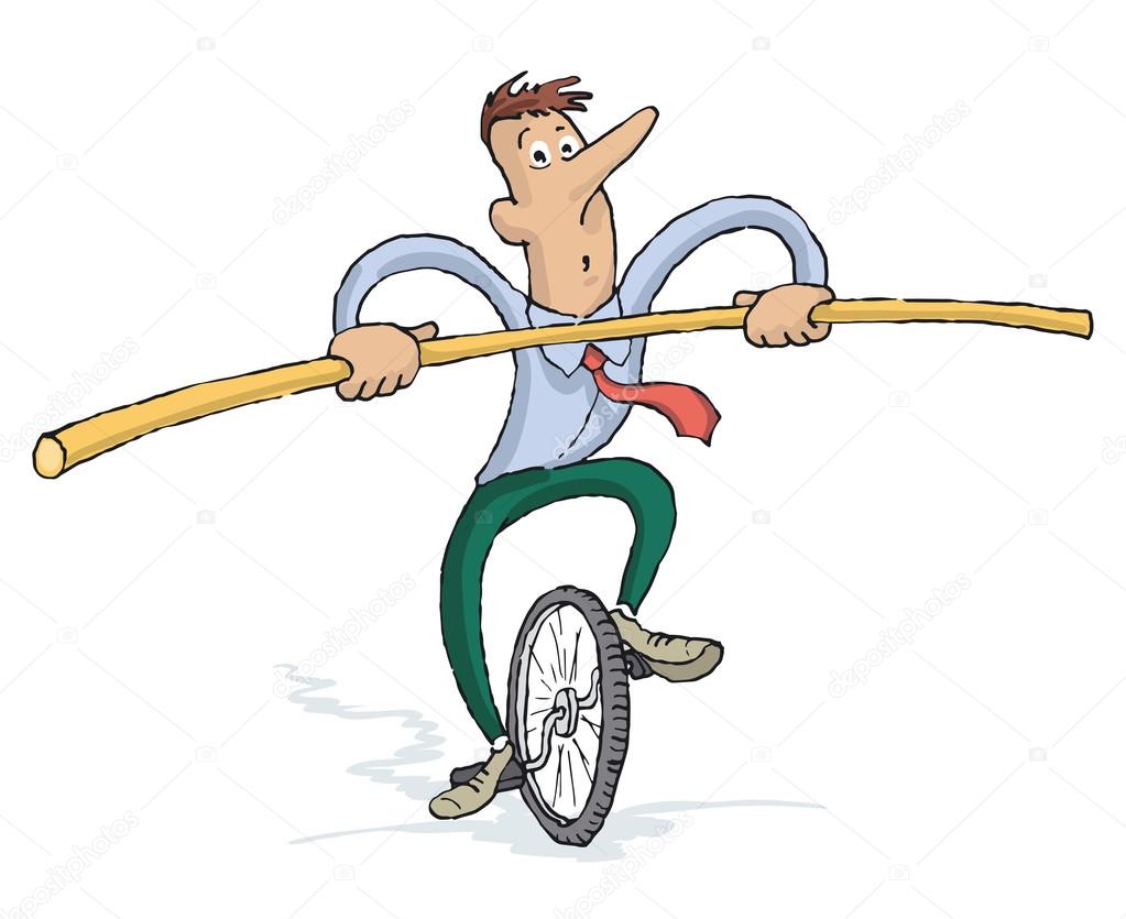Focused Businessman Riding a Unicycle With A Bar