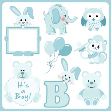 Bebek çocuk mavi hayvanlar dijital clipart