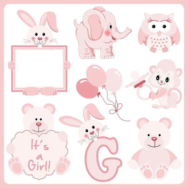 Baby flicka rosa djur digital clipart — Stock vektor