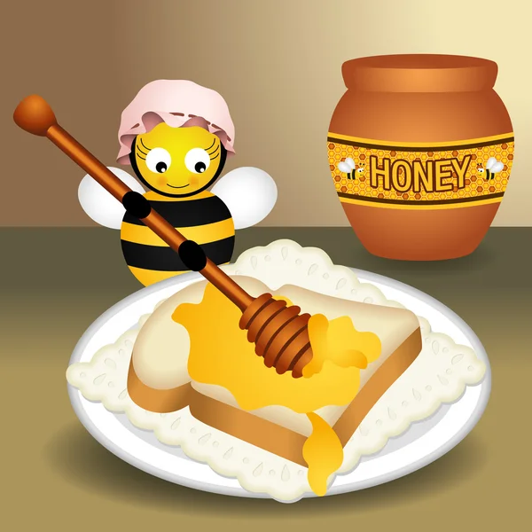 Abelha colocando mel no pão — Vetor de Stock
