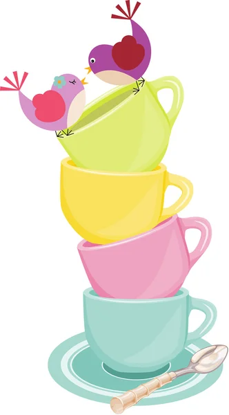 Loving birds on stack of tea cups — Stock Vector