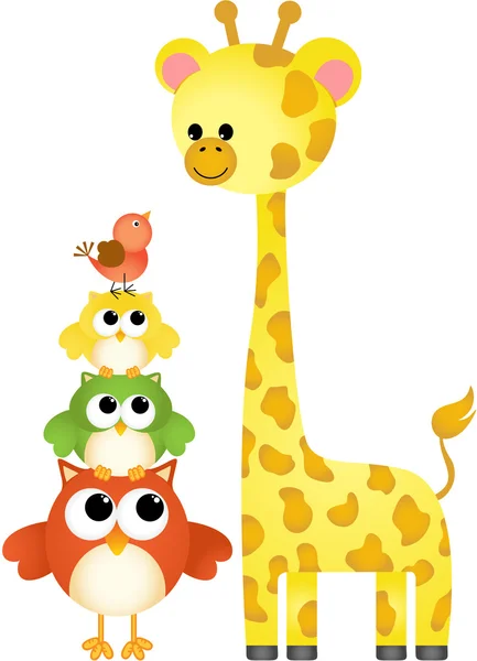 Niedliche Giraffe mit Eulen und Vogel — Stockvektor