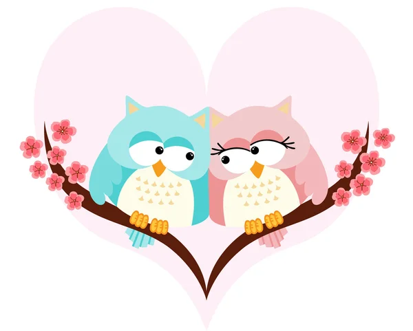 Κουκουβάγιες ζευγάρι στην αγάπη σε φόντο καρδιάς — Διανυσματικό Αρχείο