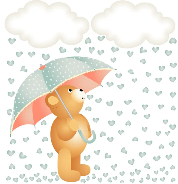 Teddy bear with umbrella under the rain of hearts — Stock Vector