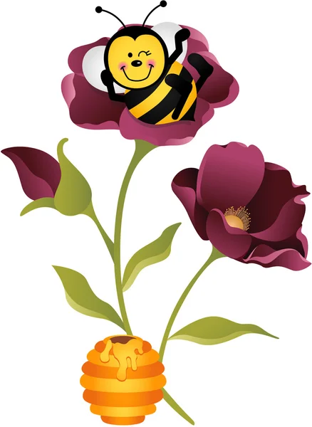 Happy bee zittend op bloem — Stockvector