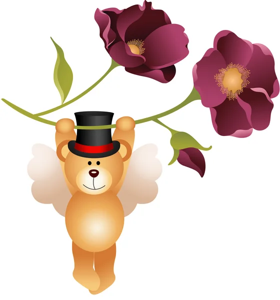 Teddybär fliegt mit Blume — Stockvektor