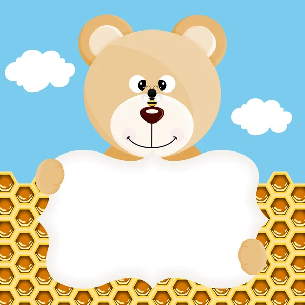 Teddy urso e abelha rótulo de fundo —  Vetores de Stock