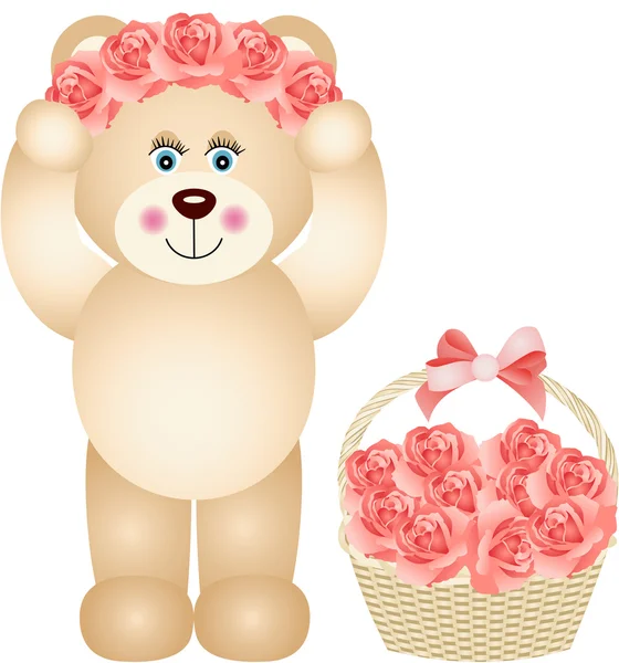 Chica oso de peluche colocando rosas corona en la cabeza — Archivo Imágenes Vectoriales