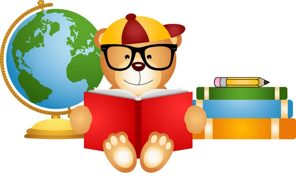 Teddy bear reading book with globe — Stock Vector