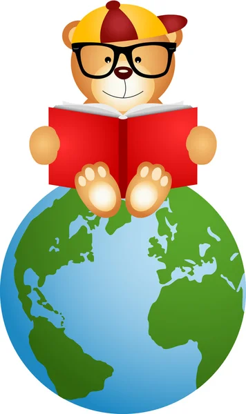 Teddy bear olvasó könyv ül a világon — Stock Vector