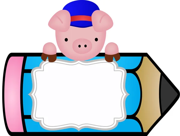 Cochon avec crayon autocollant d'étiquette personnalisé — Image vectorielle